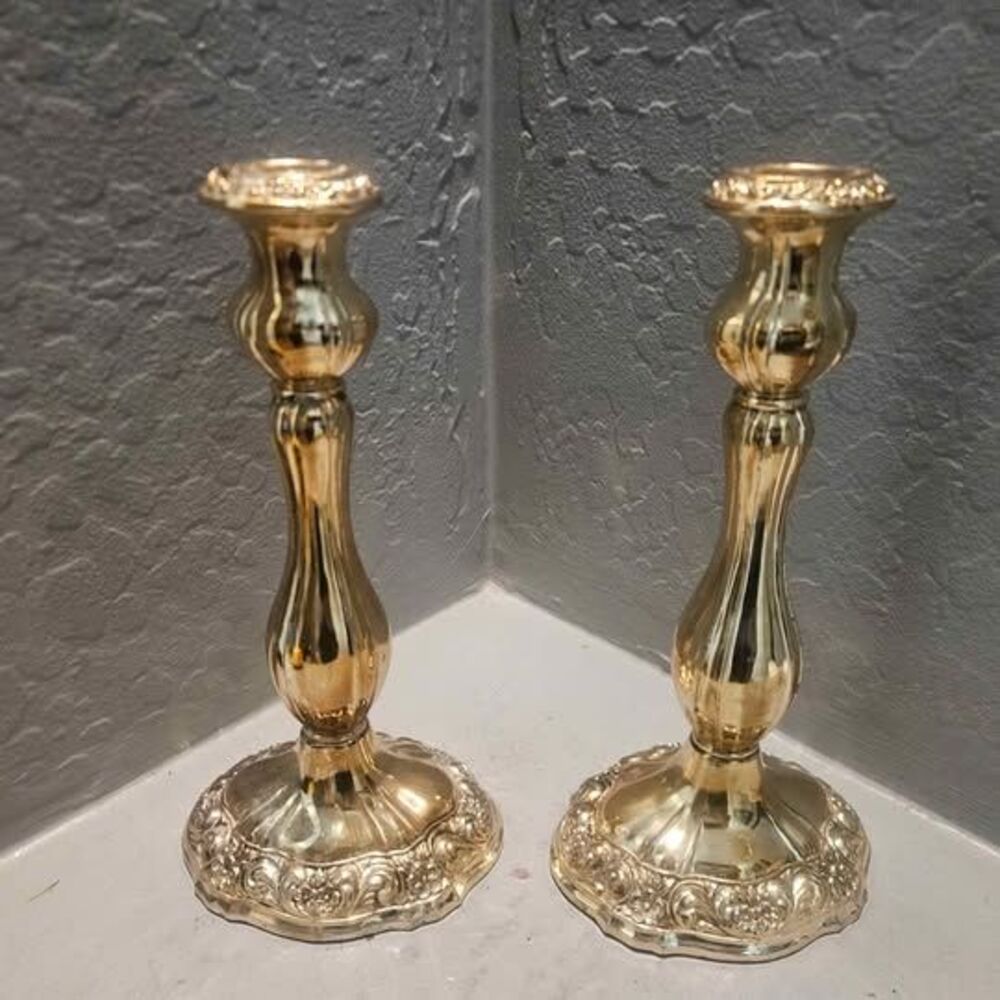 Pair of Ornate Gold Plate Candlesticks Towle 10.5"